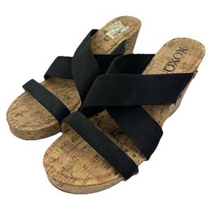 XOXO Black Strappy Sandal Cork Wedge Slip-on Slides Size 10M